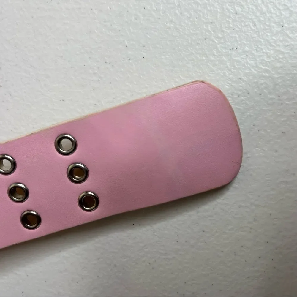 New Pink Leather Belt Silver Buckle Rivets Triple Hole Prong Women Large FLAWS
